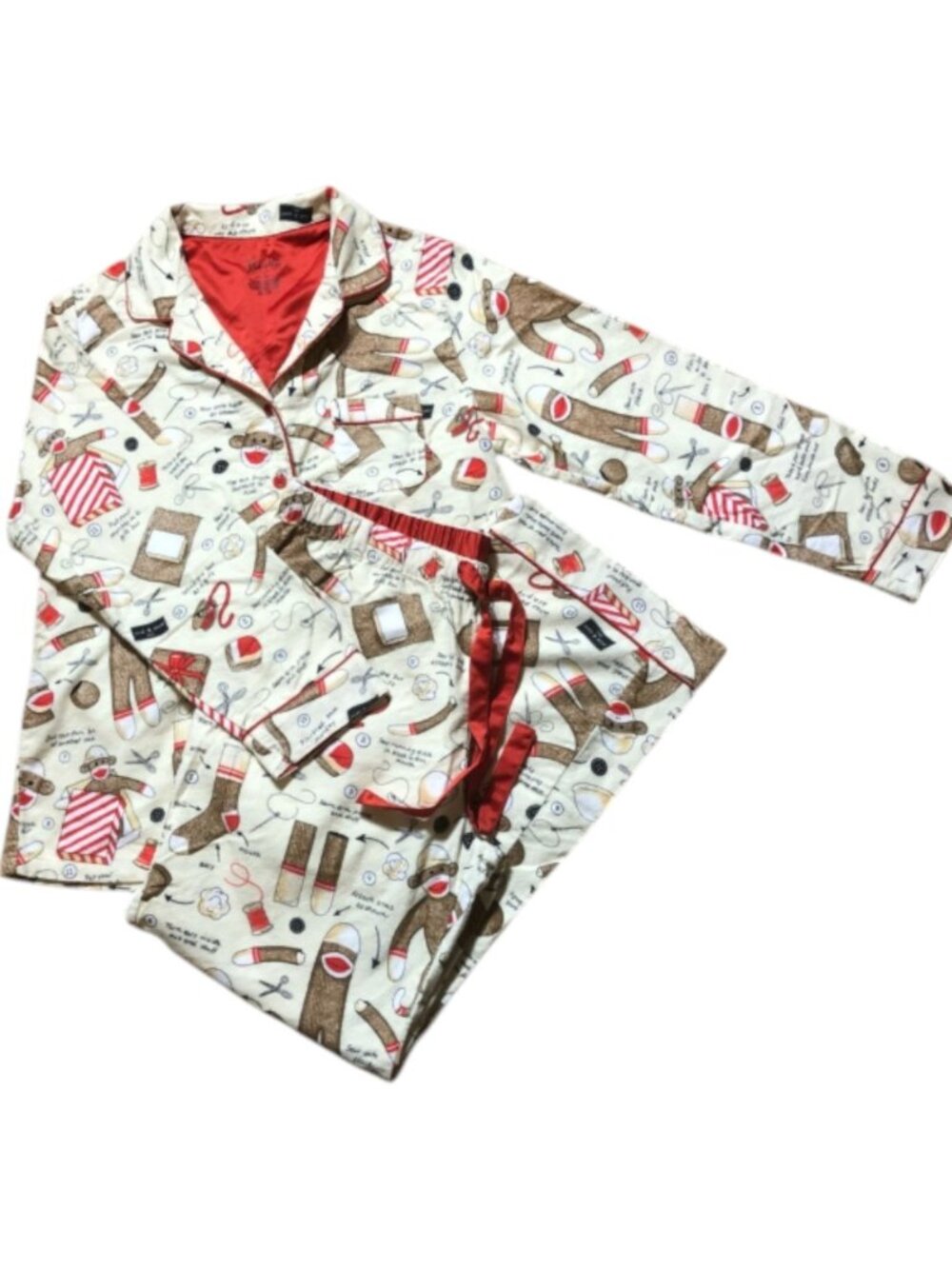 Nick & Nora How To Make A Sock Monkey Pajama SET Cotton Flannel Cream/Red M